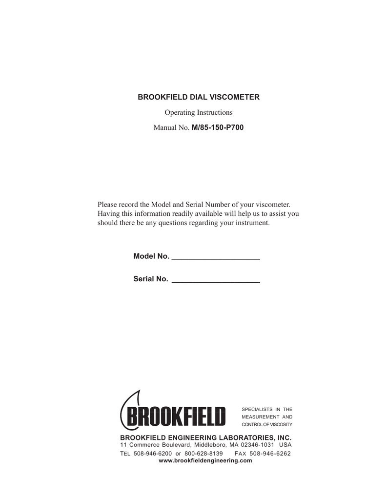 BROOKFIELD DIAL Operating Instructions Manual Manualzz