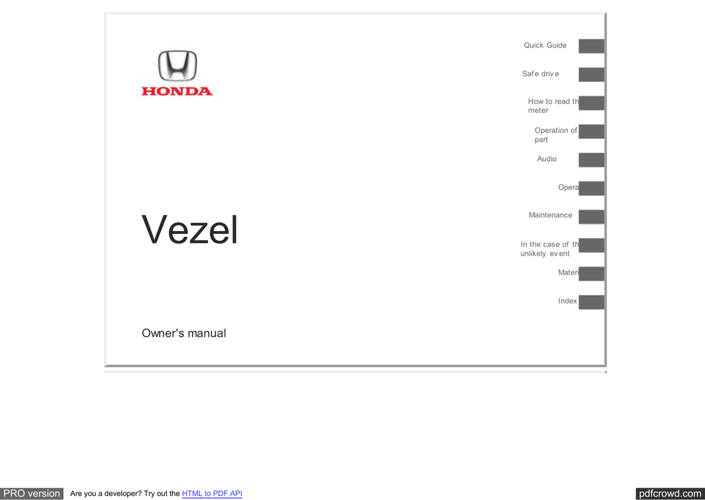 English User Manual Of Honda Vezel