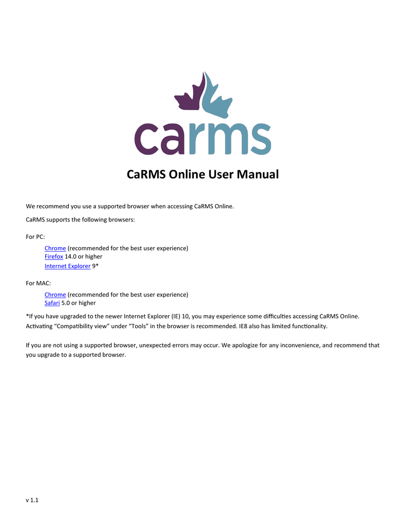 Carms Online Help Manual Canadian Resident Matching Service