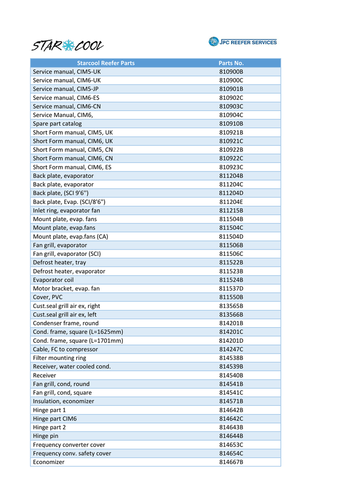 Starcool Reefer Parts Parts No Service Manual Cim5 Manualzz