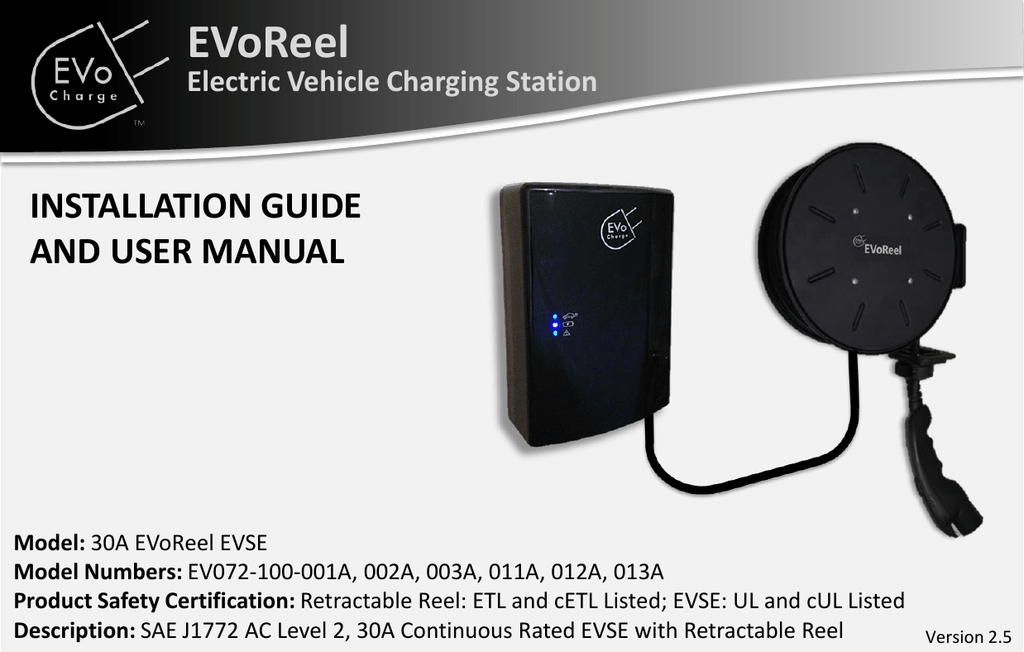 Hardwire Configuration 30 Amp, Electric Vehicle Charge Cable Management EVoCharge EVOREEL Cable Management 22 ft. EV Charge Cable, 20 ft. Interconnect Length