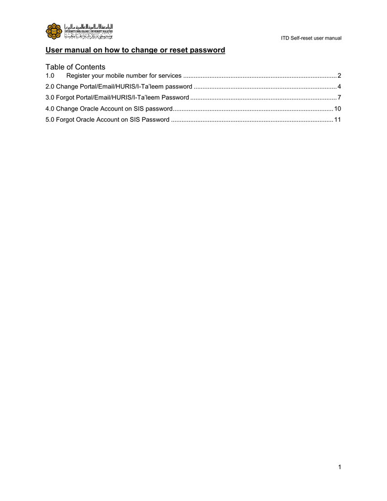User Manual On How To Change Or Reset Password Table Of Contents Manualzz
