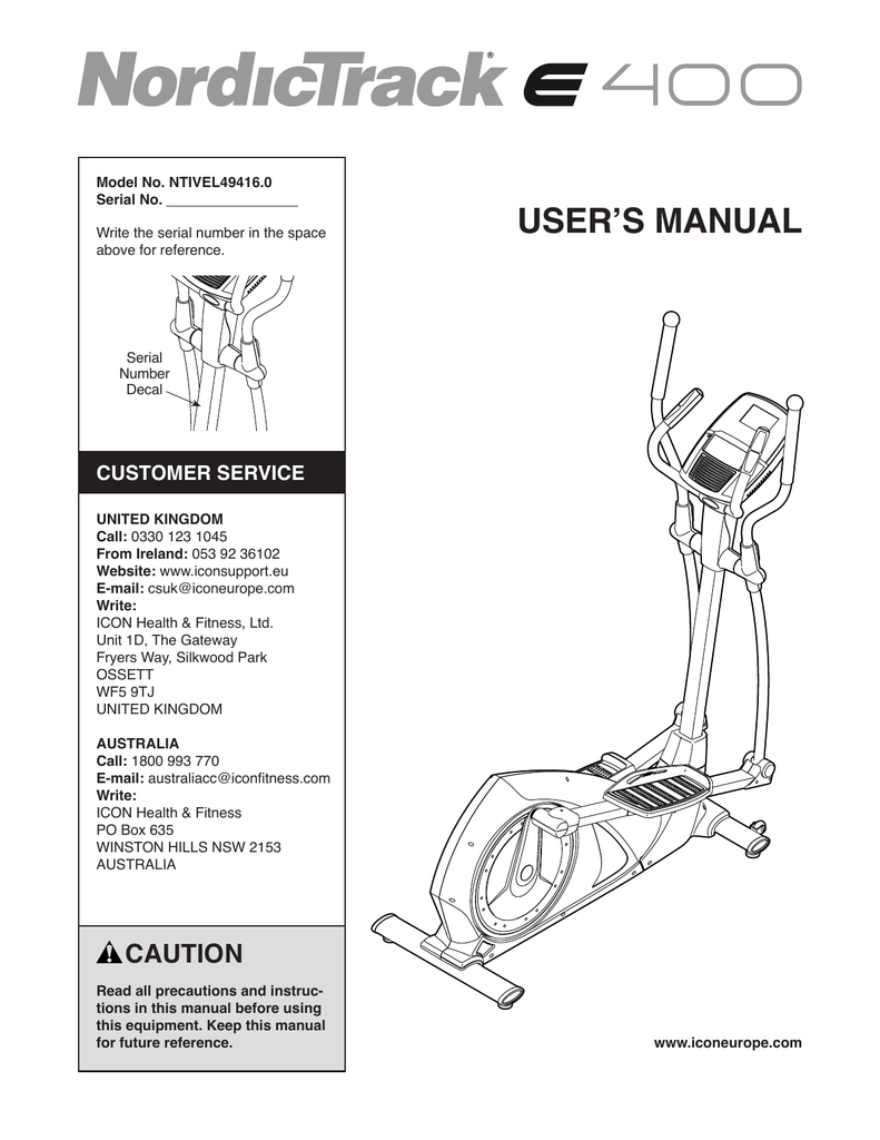 NordicTrack NTIVEL49416 E400 ELLIPTICAL User Manual Manualzz