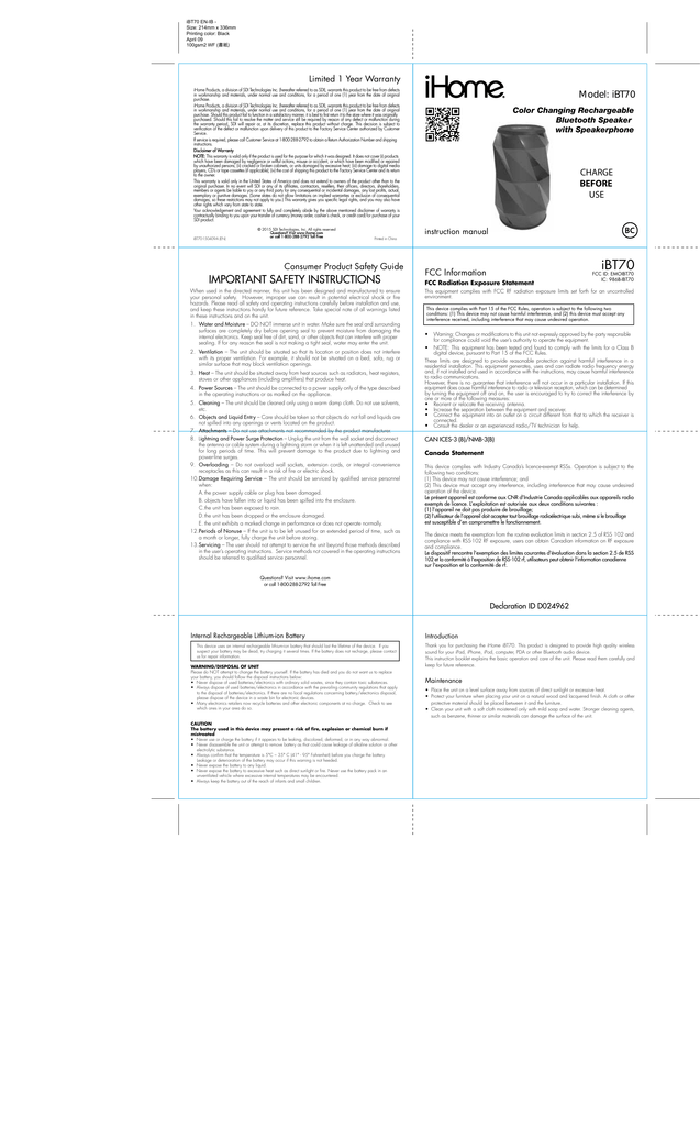 ihome speaker ibt70