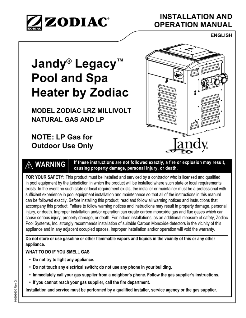 Jandy® Legacy™ Pool and Spa Heater by Zodiac ModeL Zodiac Manualzz