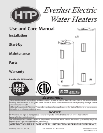 HTP Everlast Residential Electric Water Heater Installation manual ...