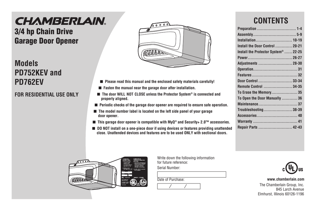 Installation Manual Models Pd752kev And Pd762ev Manualzz - Chamberlain 3 4 Hp Chain Drive Garage Door Opener Manual Installation Manual Models Pd752kev And Pd762ev Manualzz - Chamberlain 3 4 Hp Chain Drive Garage Door Opener Manual