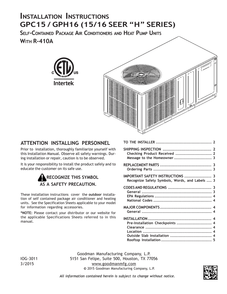 Goodman GPC1548H41 GPC15H 4 Tons Electric 1C-Stage and Single-Stage ...