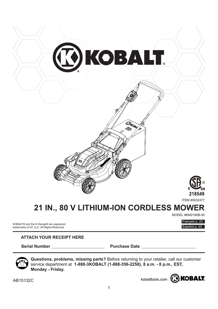 Kobalt 80v lawn online mower parts