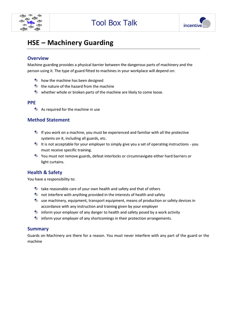 Tool Box Talk HSE Machinery Guarding Manualzz