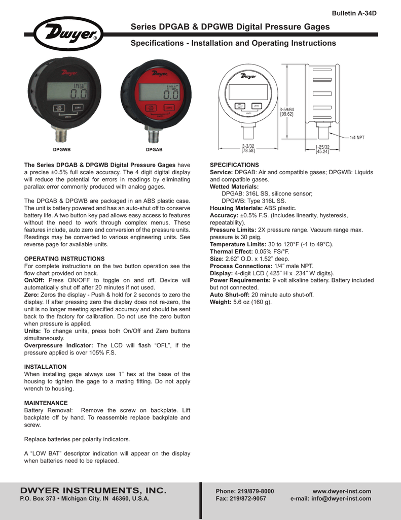 Dwyer Instruments Dpga-05 Digital Pressure Gauge 1/4 In Mnpt, 0 To 15 Psi 