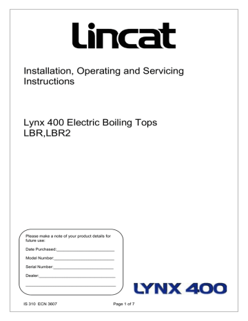 Lincat LBR2 Lincat Lynx 400 Electric Counter-top Boiling Top Operating instructions | Manualzz
