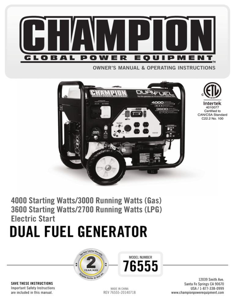 Dual Fuel Generator Champion Generators Manualzz