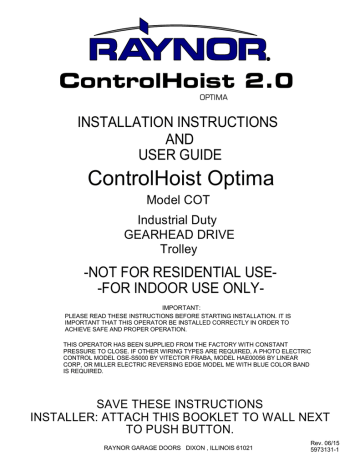 Raynor ControlHoist™ Optima Installation instructions | Manualzz