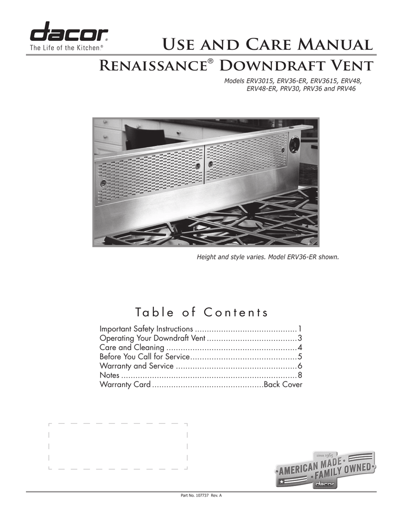 Dacor MRV48ERS 48 Inch Raised Vent User guide Manualzz