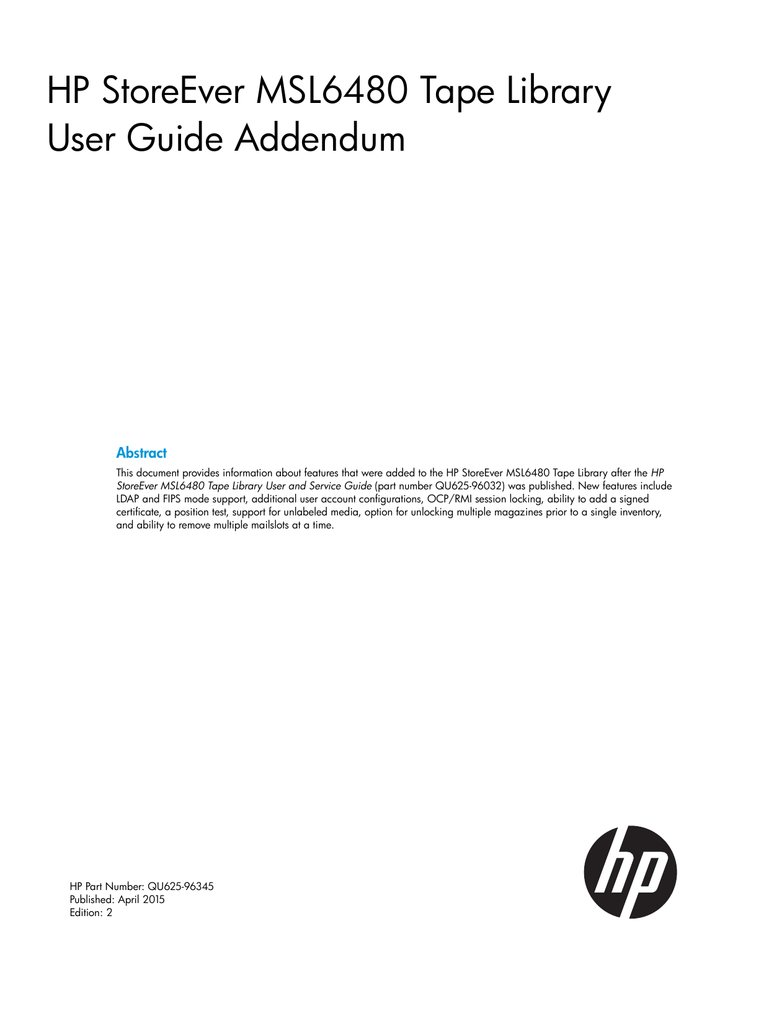 HP StoreEver MSL6480 Tape Library User Guide Addendum Manualzz
