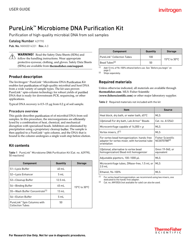 PureLink Microbiome DNA Purification Kit User Guide (Soil Samples