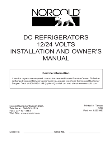 Norcold DC0040 Series AC/DC Refrigerator Installation and Owner's ...