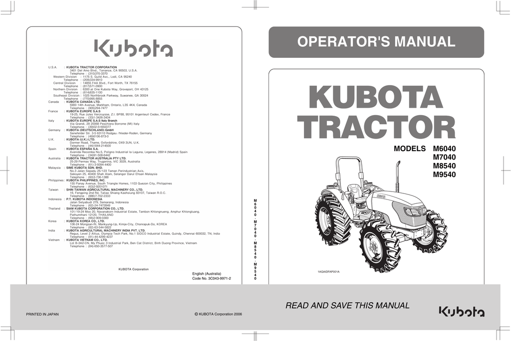 Kubota M9540 Operators Manual Manualzz