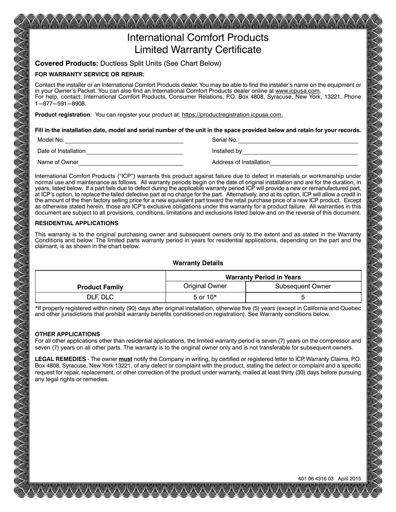 International Comfort Products Limited Warranty Certificate Manualzz