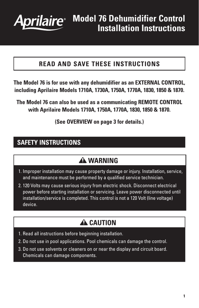 aprilaire 1730a installation manual Model 76 dehumidifier control installation manual | manualzz. Com.