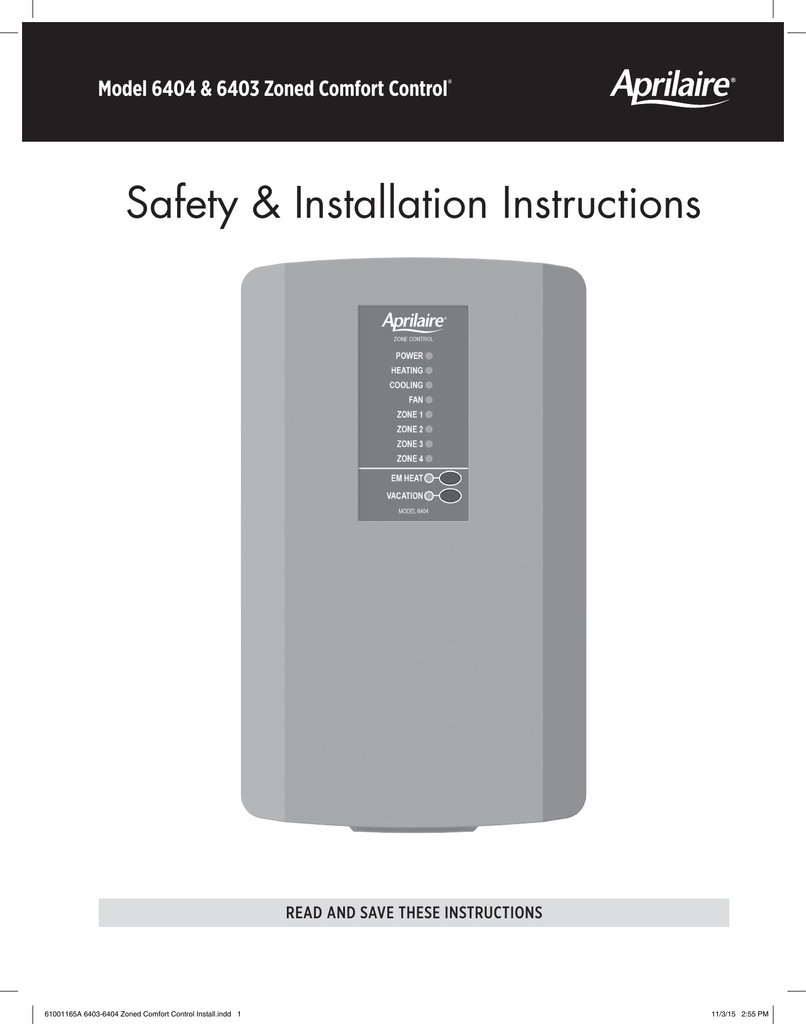 AprilAire 6403 3Zone Control Panel Installation Manual Manualzz