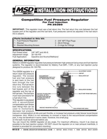 Mallory 29389 Adjustable Fuel Pressure Regulator for EFI Instructions ...