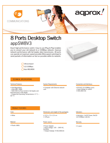 Approx APPSW8V3 8 Ports Desktop Switch Technical Specifications | Manualzz