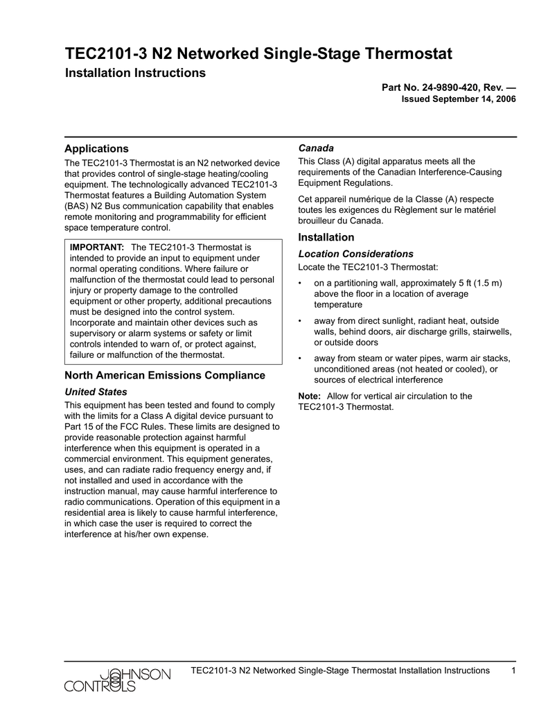 Johnson Controls TEC21013 N2 Installation Instructions Manual Manualzz