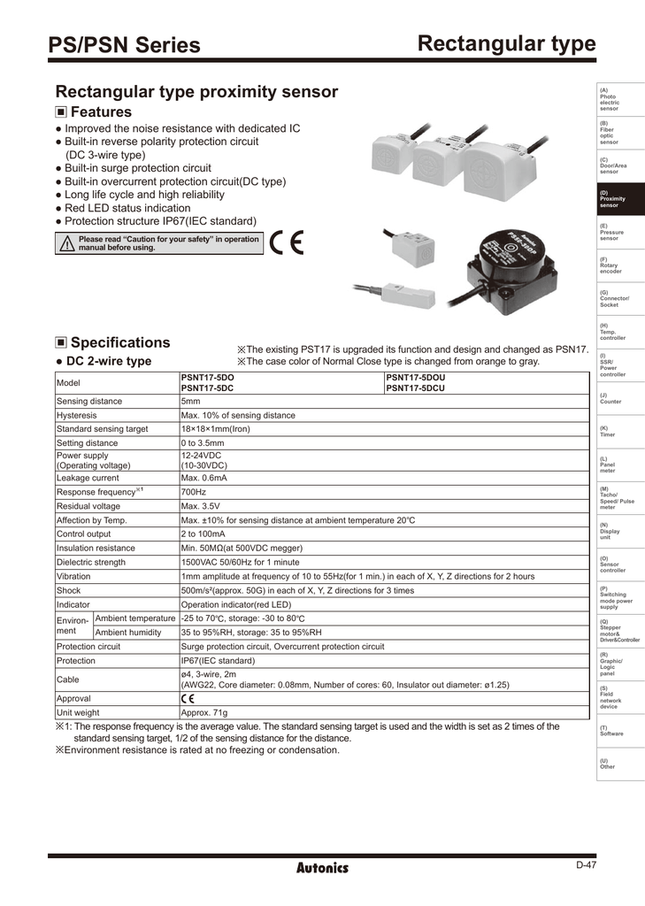 AUTONICS PSN17-8DN Rectngular Proxmity Sensr,12 to 24VDC,NO