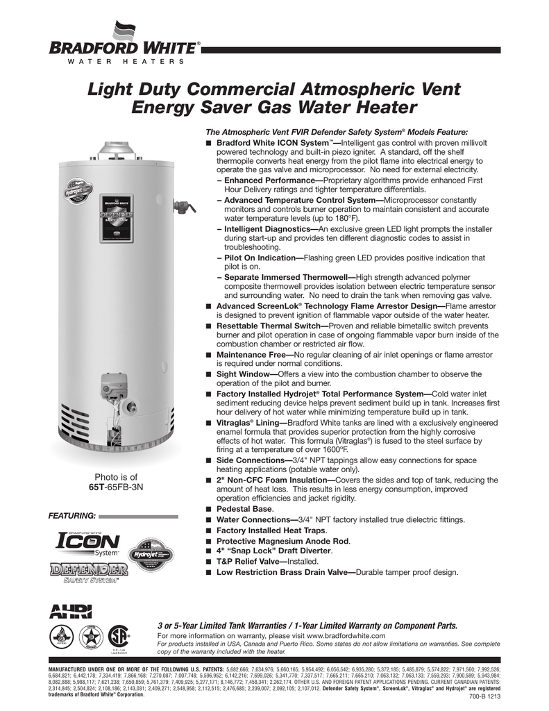 Bradford White 65T-65FB-3N Light Duty Atmospheric Vent Gas Spec Sheet ...