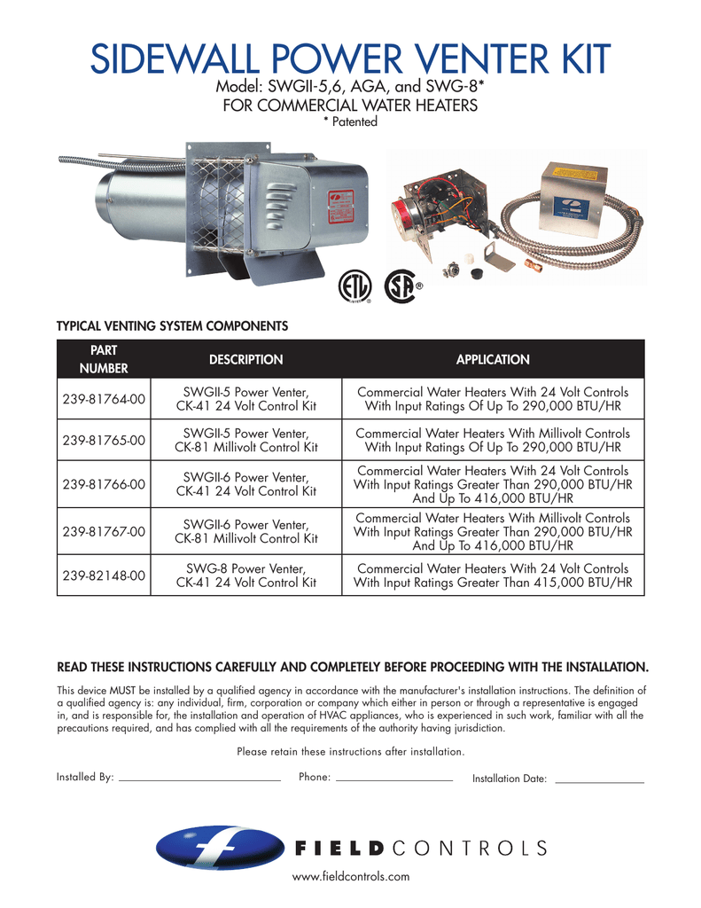 Bradford White P/N 239-82148-00 Gas Power Vent Kit Manual | Manualzz