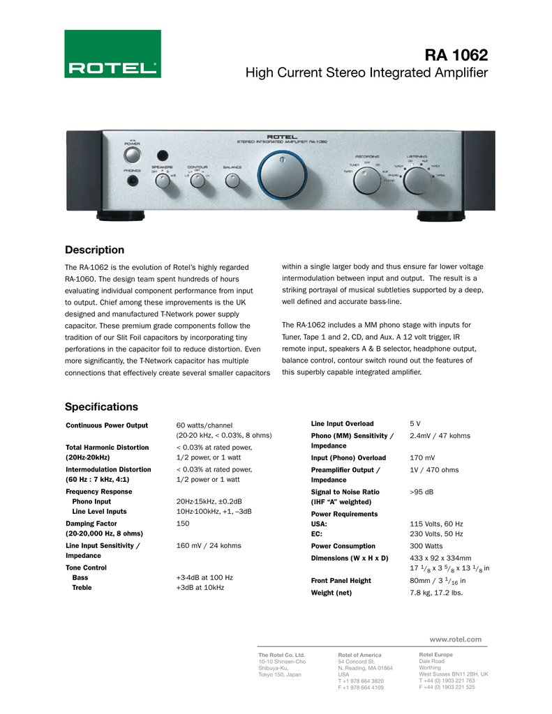 Rotel Ra 1062 Info Sheet Manualzz