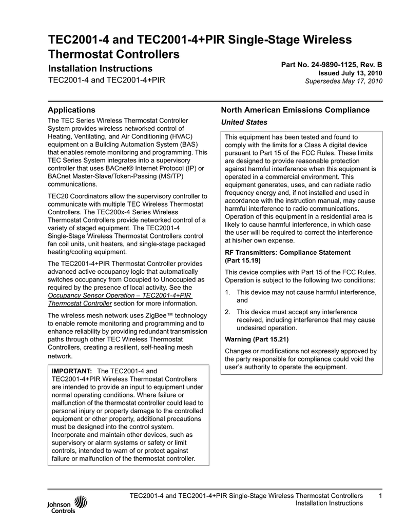 Johnson Controls Tec2001 4pir Installation Instructions Manual Manualzz 5369