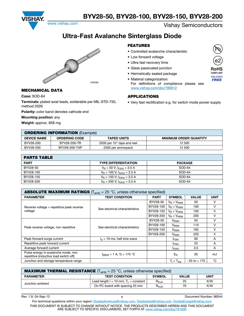5x Diode BYV28-150 Ultrafast Avalanche Sinterglass