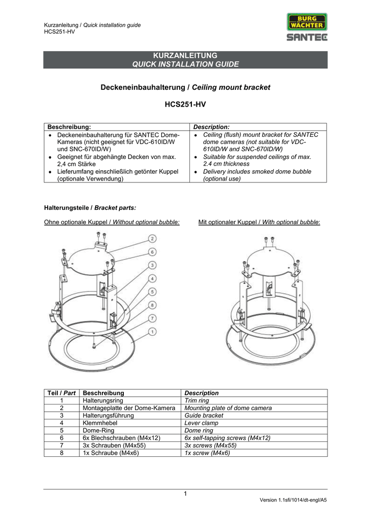 Kurzanleitung Quick Installation Guide Ceiling Mount Bracket