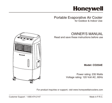OWNER’S MANUAL Portable Evaporative Air Cooler Power rating: 235 Watts | Manualzz
