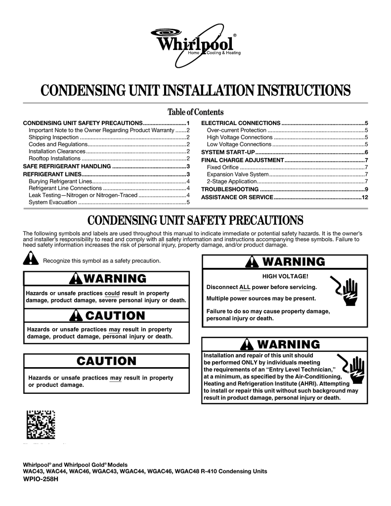 CONDENSING UNIT INSTALLATION INSTRUCTIONS Table of Contents Manualzz