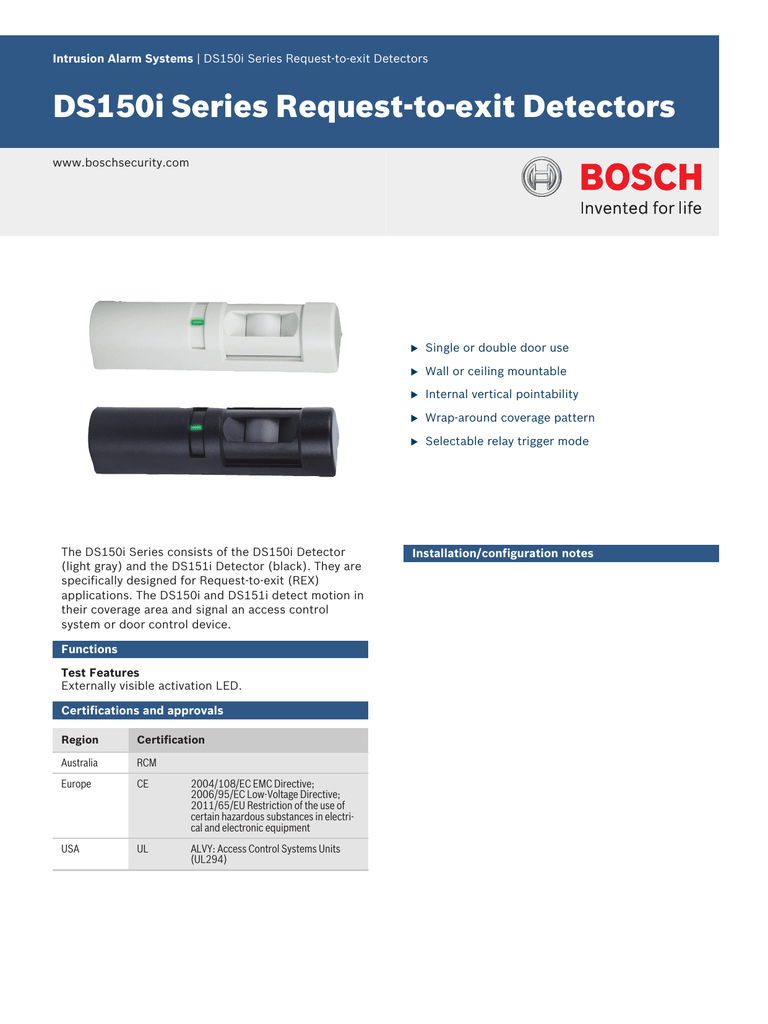 Bosch DS161 Intruder Detectors Product Datasheet, 56% OFF