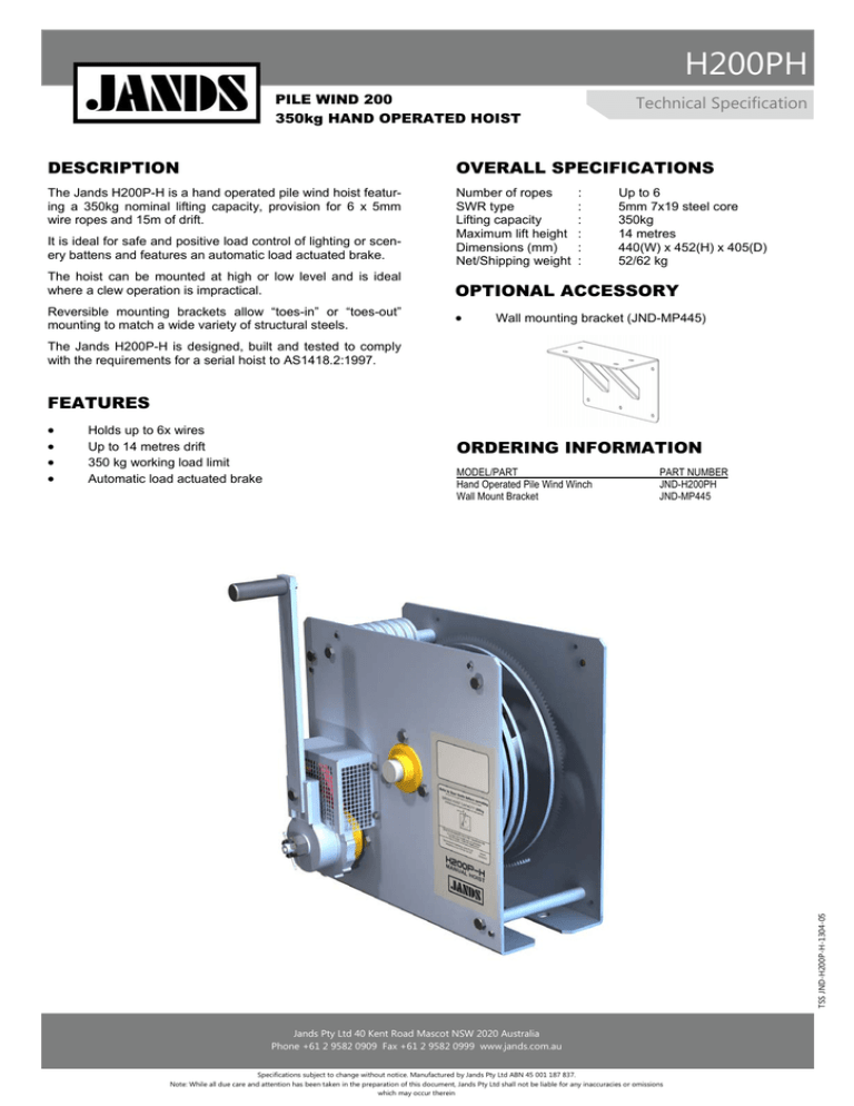 H200PH Pile Wind Hand Operated Hoist Technical Specification Sheet