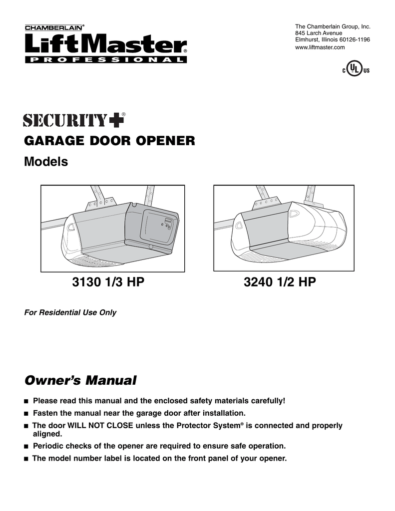 Chamberlain 3240 1/2 HP Garage Door Opener User manual | Manualzz