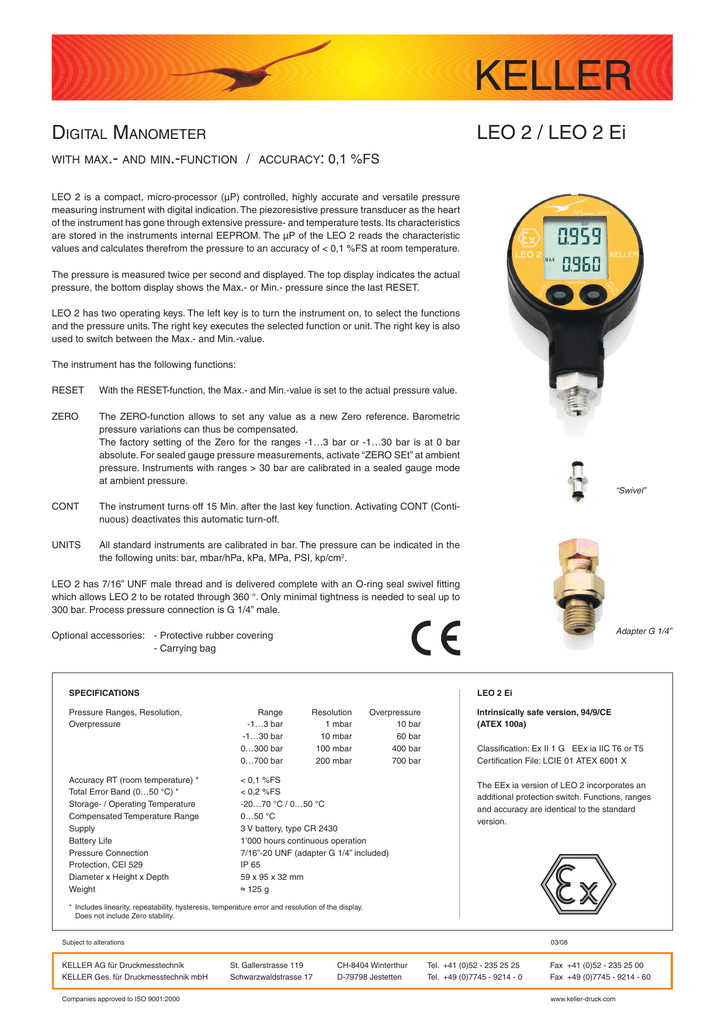 Keller LEO 2 Digital Pressure Gauge Datasheet Manualzz
