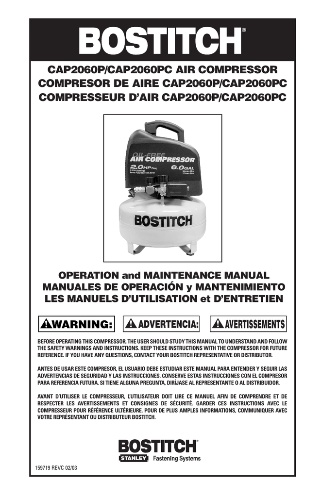 Bostitch CAP2060P AIR COMPRESSOR Instruction Manual Manualzz