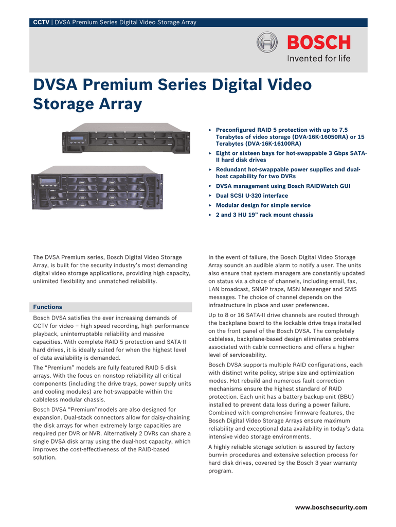 Bosch DVA-16K-16100RA Digital video recorders (DVRs) datasheet | Manualzz