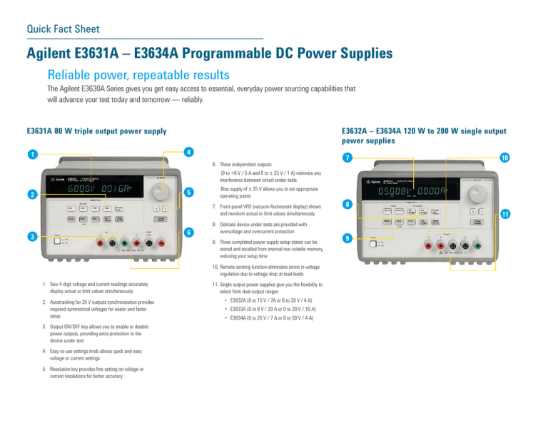 Agilent E3631A E3634A Programmable DC Power Supplies Quick Fact Sheet