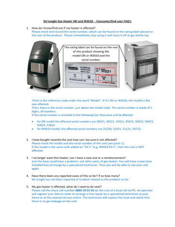 De Longhi Gas Heater SRI and IR3010 Consumer End user 1. How