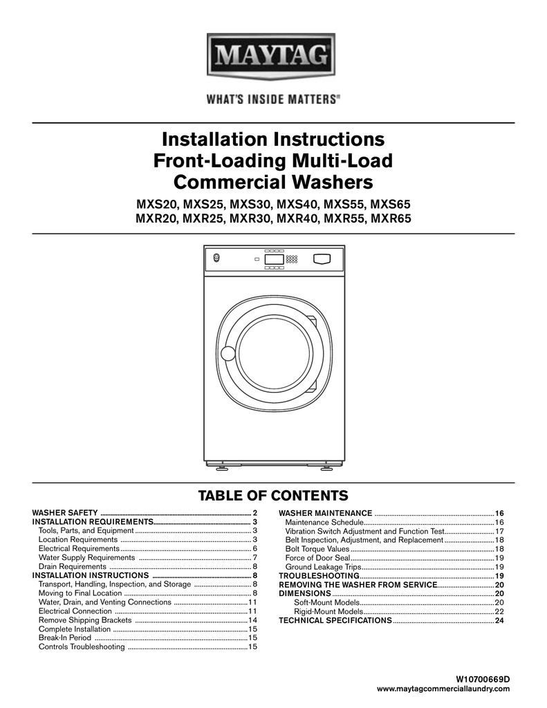 Installation Instructions FrontLoading MultiLoad Commercial Washers TABLE OF CONTENTS Manualzz