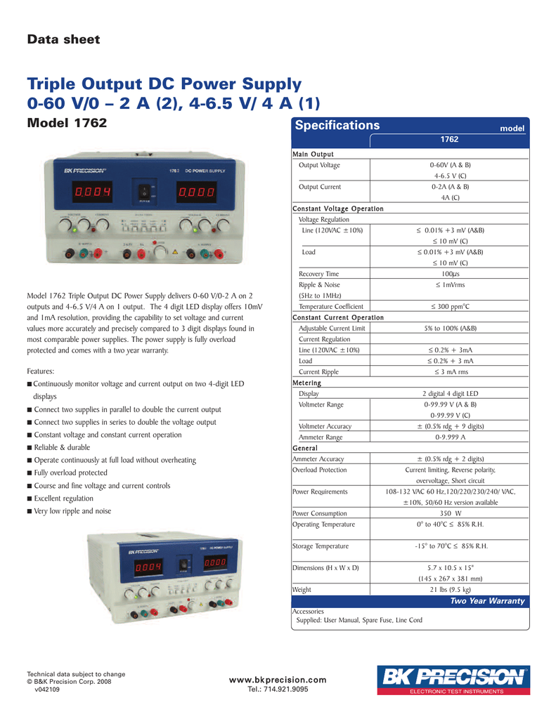 Triple Output Power Supply; 0-60V; 0-2A; 4-6.5V