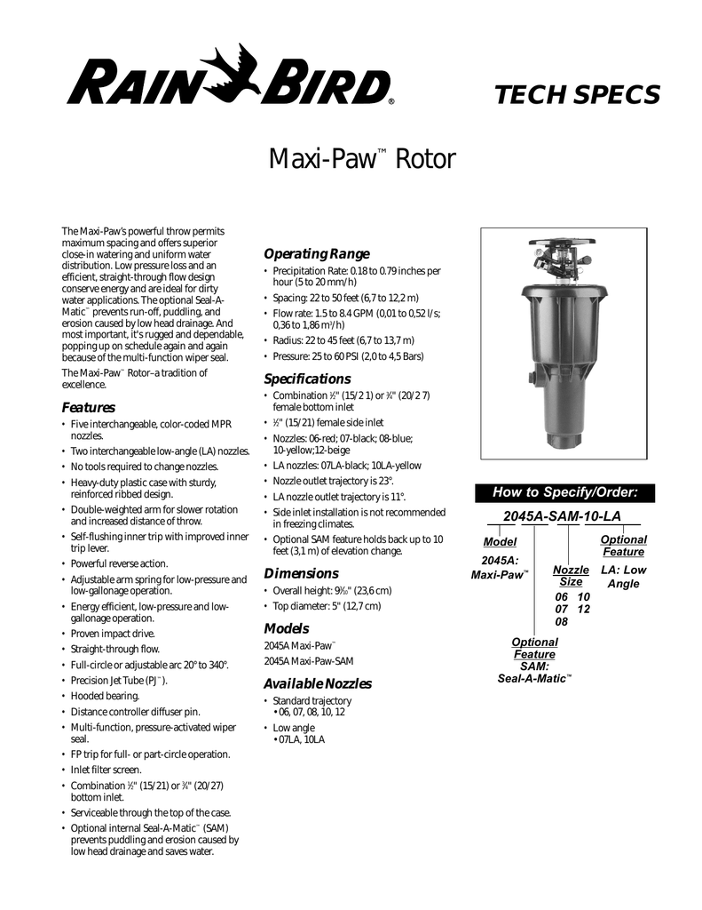 Rainbird Maxi Paw Nozzle Chart