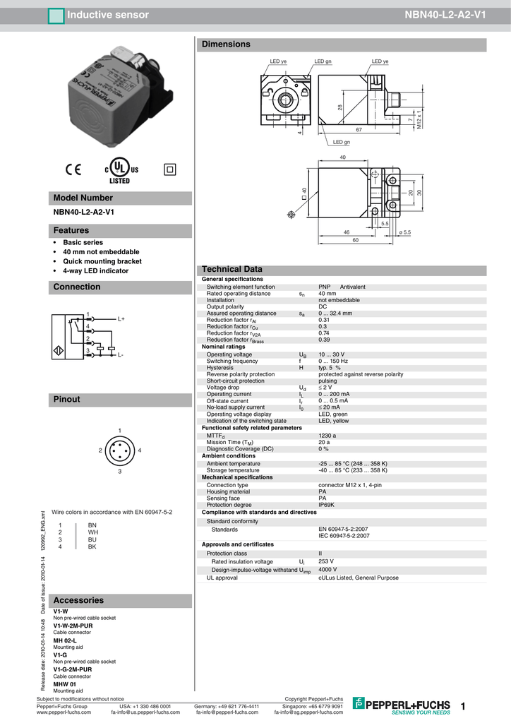 Pepperl+Fuchs Induktiver Sensor NBN40-L2-E2-V1